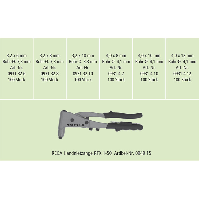 RECA Sortiment - Blindnieten A2/A2 mit Zange - 600-teilig