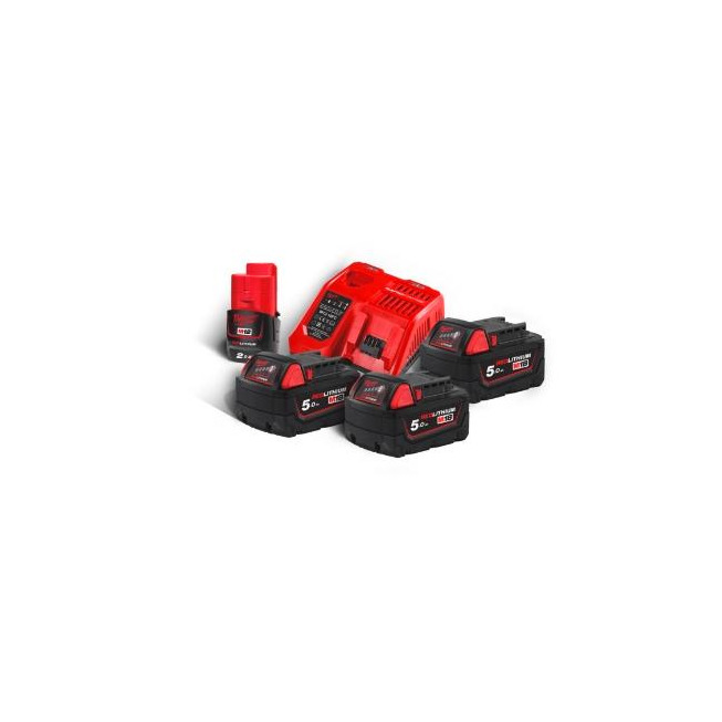 Milwaukee 3 x 18 V/5.0 Ah Red Li-Ion akum. M18 B5 + bezpłatny M12B2 (2Ah) akum. M18NRG-503